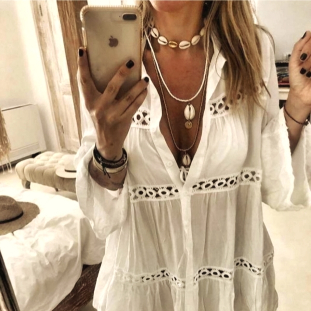 Boho White Cotton Button Up Tunic Top Cover-Up